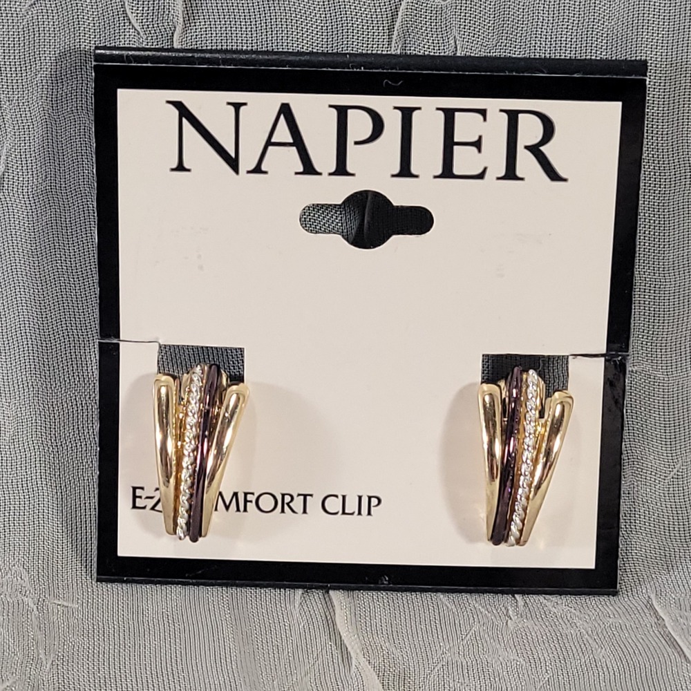 Napier Clip On Earrings Womens Gold Silver Two Tone E-Z Comfort Multi Strand NOS